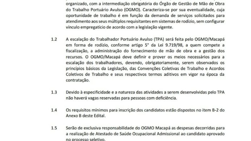 Edital: Orgão de Gestão de Mão de Obra do Trabalho Portuário Avulso do Porto de Macapá/AP